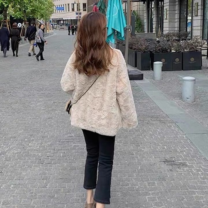 Áo khoác lông thỏ dày dáng rộng thắt nơ phong cách Hàn Quốc thời trang 2021 dành cho nữ