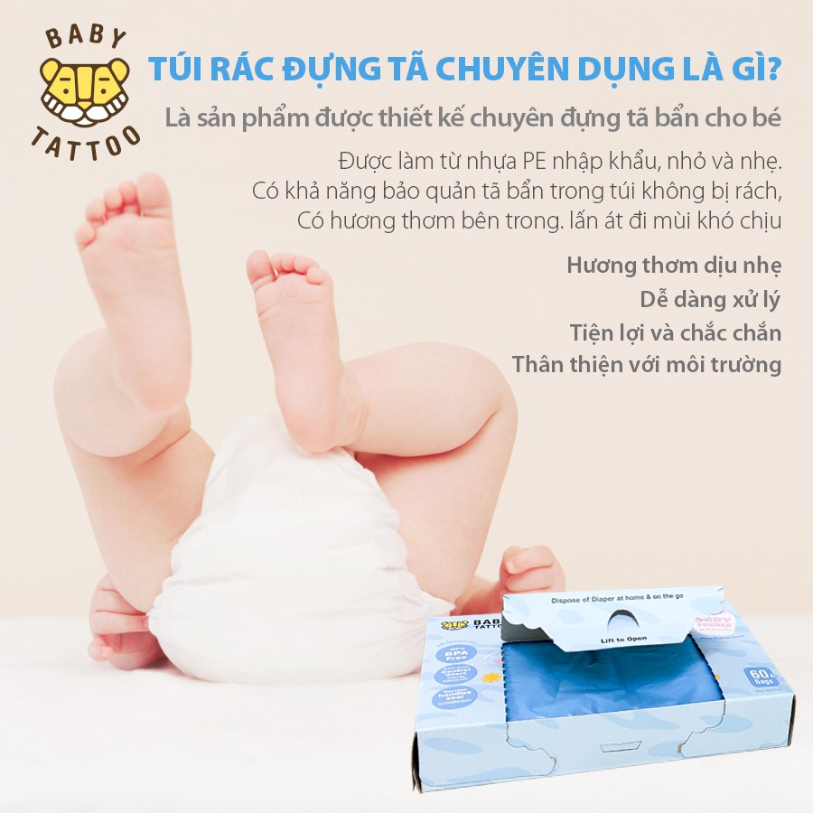 BABY TATTOO Túi Rác Đựng Tã Bỉm Chuyên Dụng Hương Phấn Thơm, Hộp 60 Túi
