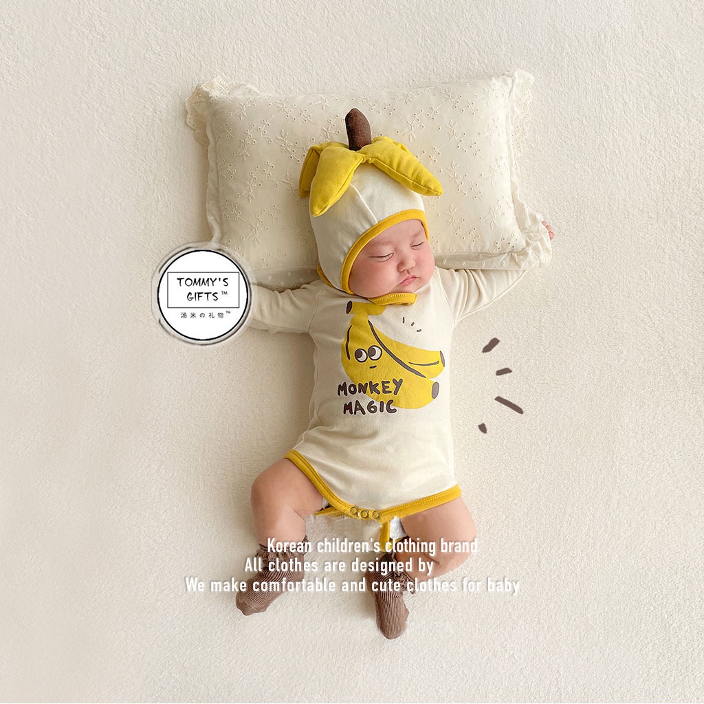 Áo Liền Quần Có Nón In Họa Tiết Trái Chuối Mùa Thu Cho Bé 0-24 Tháng Tuổi