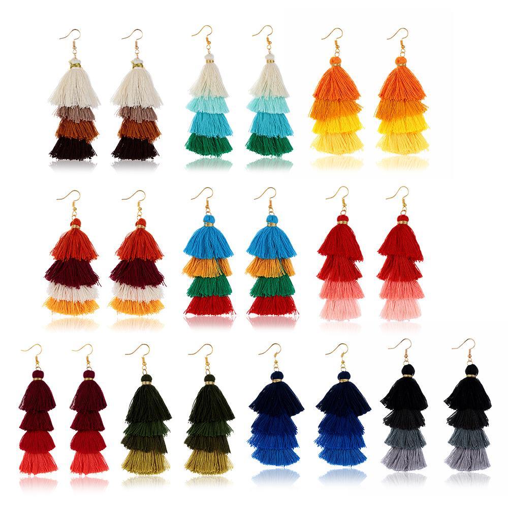 1 Đôi Bông Tai Tua Rua Dáng Dài Màu Gradient Phong Cách Boho Dân Tộc KENT1