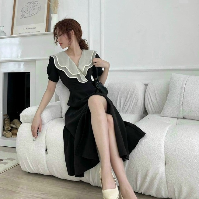 Đầm váy xòe nữ hàn quốc dự tiệc cưới,dạo phố,đầm thiết kế dáng dài cổ phối  bèo tằm ánh kim thời trang XM Minh Phúc