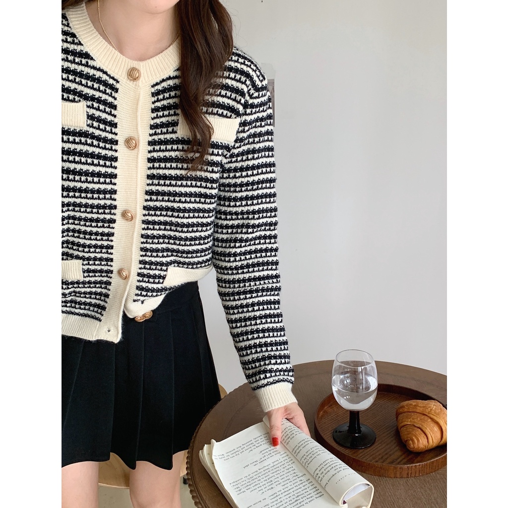 Áo cardigan ZHELIHANGFEI dệt kim tay dài eo cao phong cách Pháp