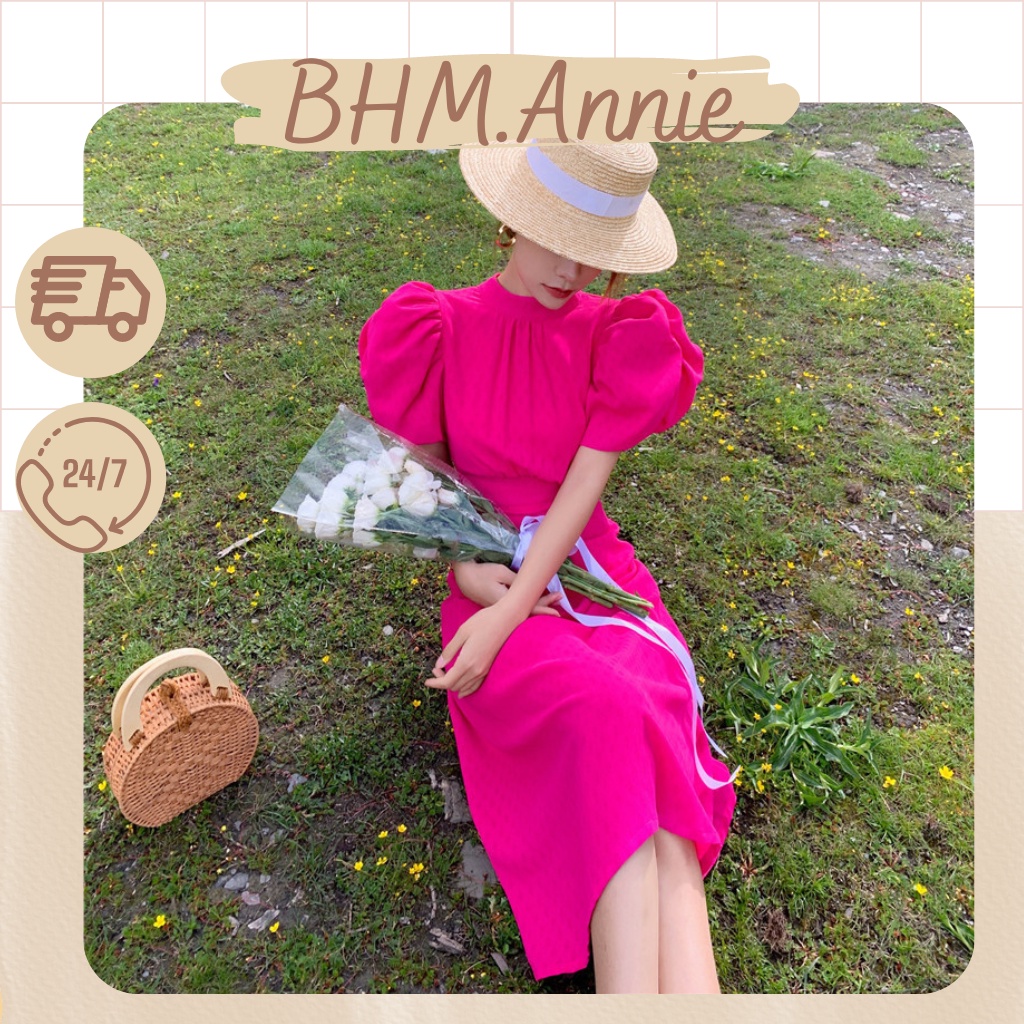 Đầm hồng hở lưng, đầm maxi đi biển hở lưng cột nơ tay phồng - BHM.Annie