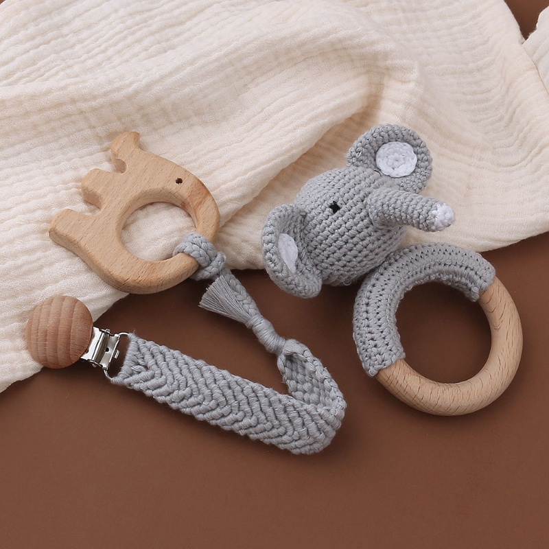 Set 3 Đồ Chơi Di Động Ngậm Mọc Răng Bằng Gỗ Phối Dây Xích Treo Nôi Em Bé An Toàn