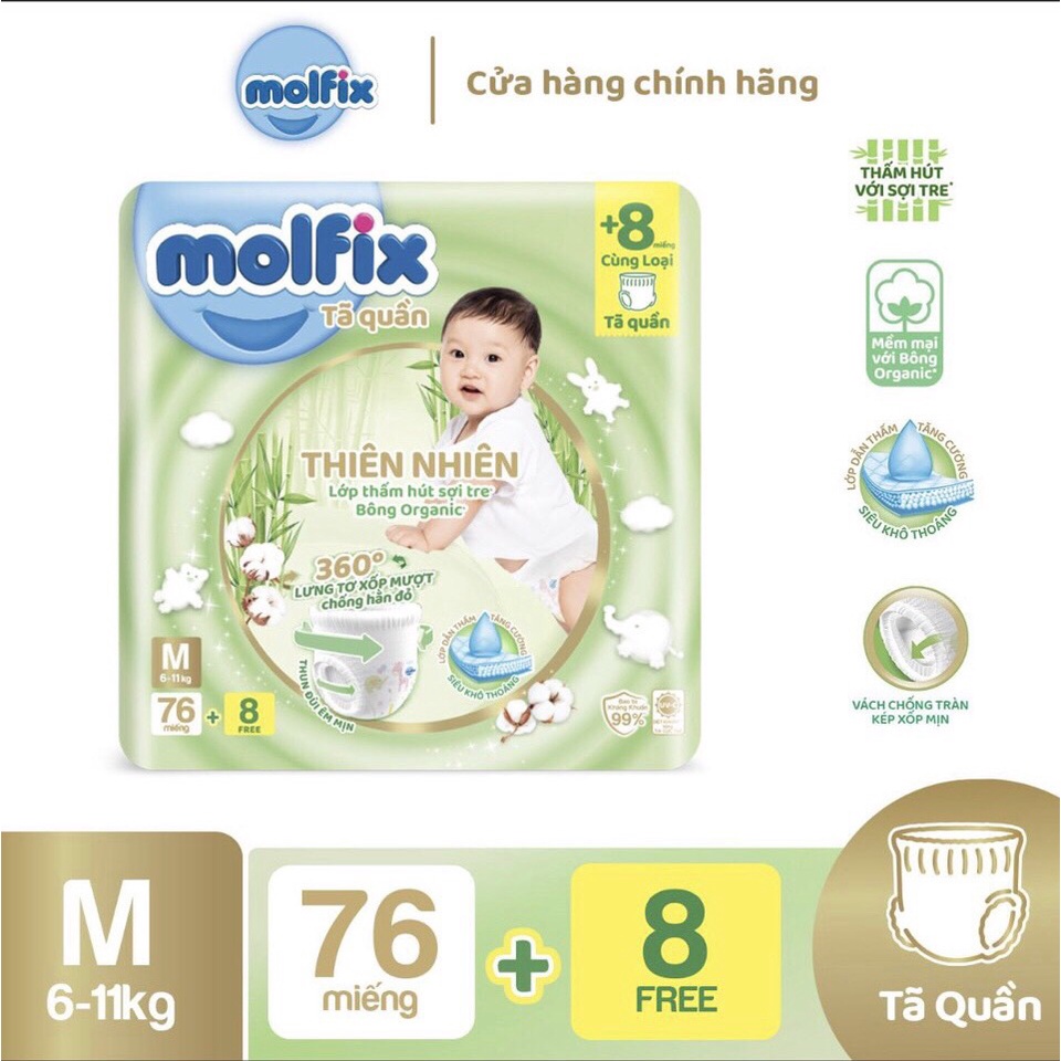 Tã/bỉm quần Molfix Thiên nhiên Ultra Size S88/M84/L76/XL70/XXL64