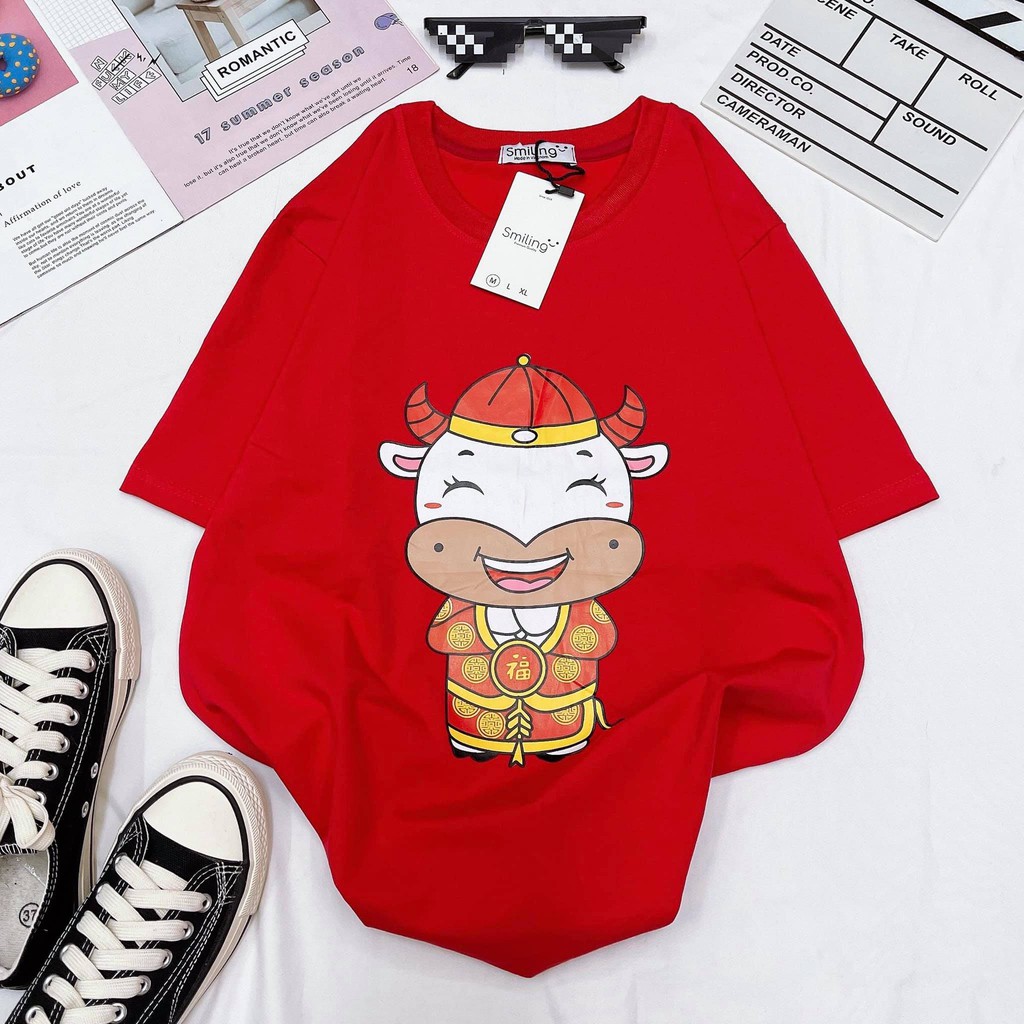 Áo thun đỏ tết 2021 Tân Sửu may mắn áo Smiling unisex