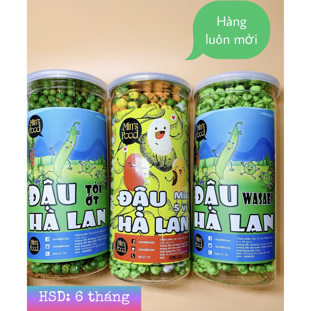 Đậu hà lan 5 vị wasabi phô mai tỏi ớt vị sữa rau củ 450gr ăn vặt Min’s Food HN