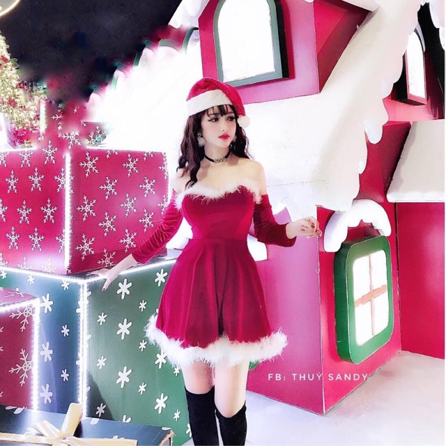 Váy cúp trễ vai viền lông noel siêu xinhhhh