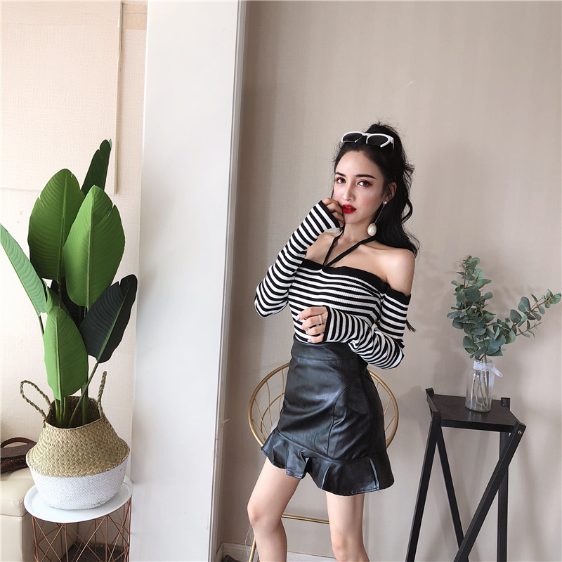 Áo dệt kim tay dài kẻ sọc trắng đen gợi cảm dành cho nữ