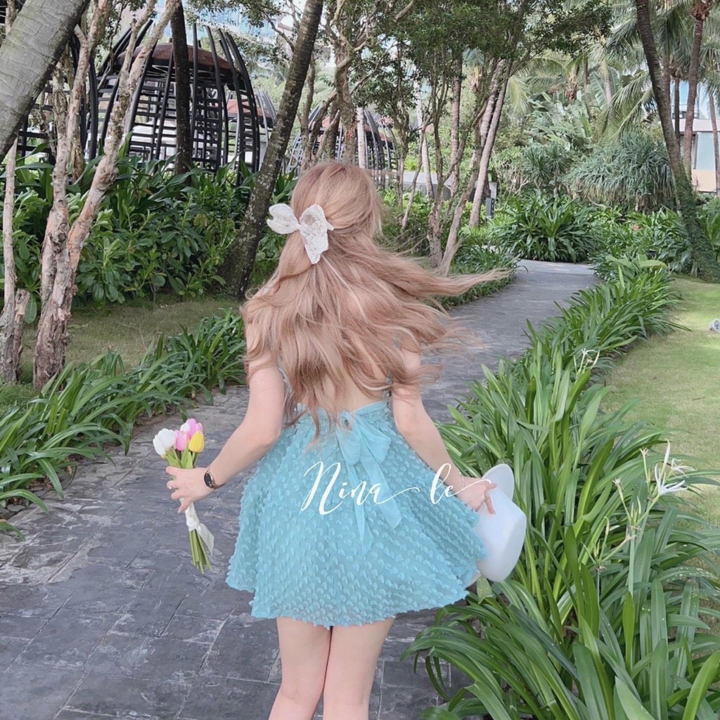 Váy đầm nữ dáng xòe voan lông vũ hai dây nơ lưng dễ thương