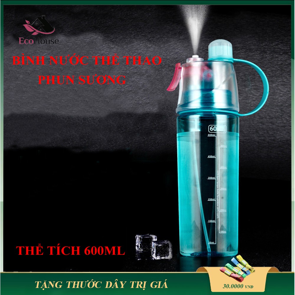 Bình nước thể thao có đầu xịt phun sương thể tích 600ml, bình nước có vòi nước phun xương 2 IN 1