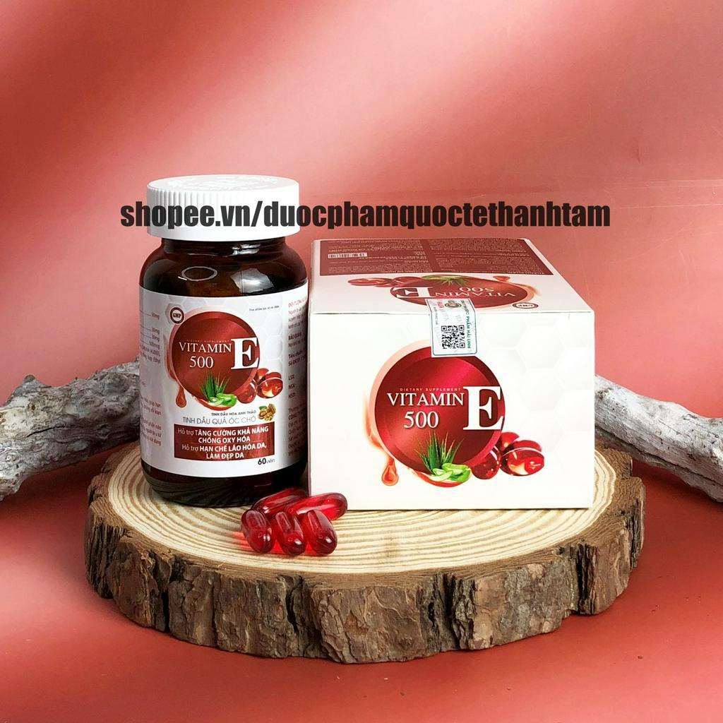 Viên uống trắng da Vitamin E 500 với tinh dầu lô hội giúp đẹp da, sáng da, chống lão hóa, giảm nám, bôi lên da- Hộp 60 v