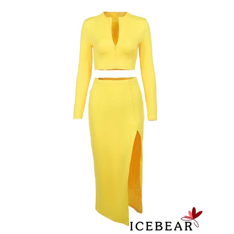Bộ Áo Croptop Dài Tay Cổ Chữ V Màu Trơn + Chân Váy Midi Xẻ Tà 2 Món Màu Sắc Đa Dạng Cho Nữ