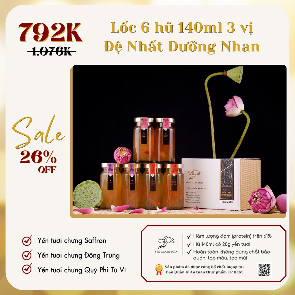 YẾN SÀO KHÁNH HOÀ Hộp quà 6 hũ 140ml 3 vị Đệ Nhất Dưỡng Nhan