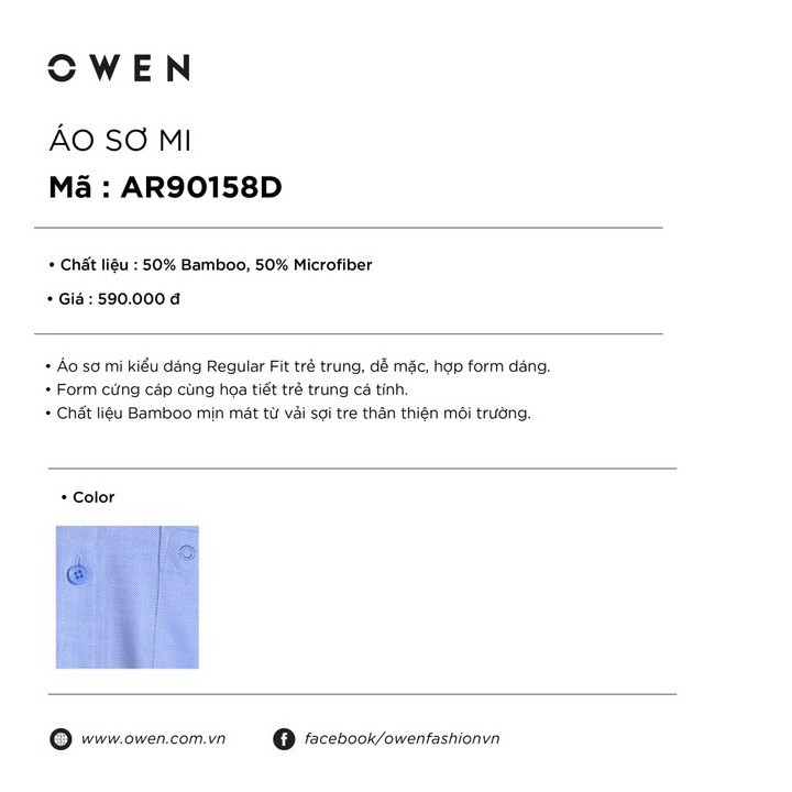 NEW 💯 . OWEN - Áo sơ mi dài tay Owen Regular fit  màu xanh AR 90158 Cực Đẹp .1 . M08 : ࿄ ' .