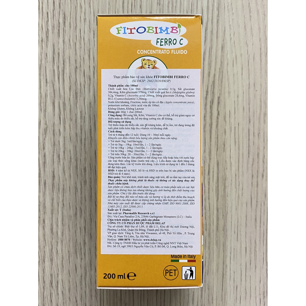 FitoBimbi Ferro C bổ sung sắt và kẽm cho bé chai 200ml, tăng đề kháng, miễn dịch cho bé