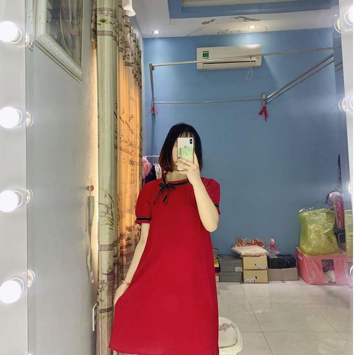 Đầm bầu ngắn tay cổ nơ lệch M016 chất cát hàn thời trang thiết kế Mom and Baby