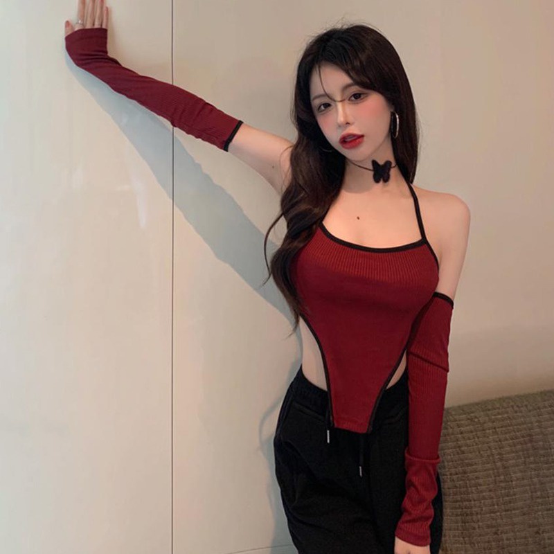 Áo thun tay dài dáng ôm thiết kế lệch tà phong cách Hàn Quốc quyến rũ