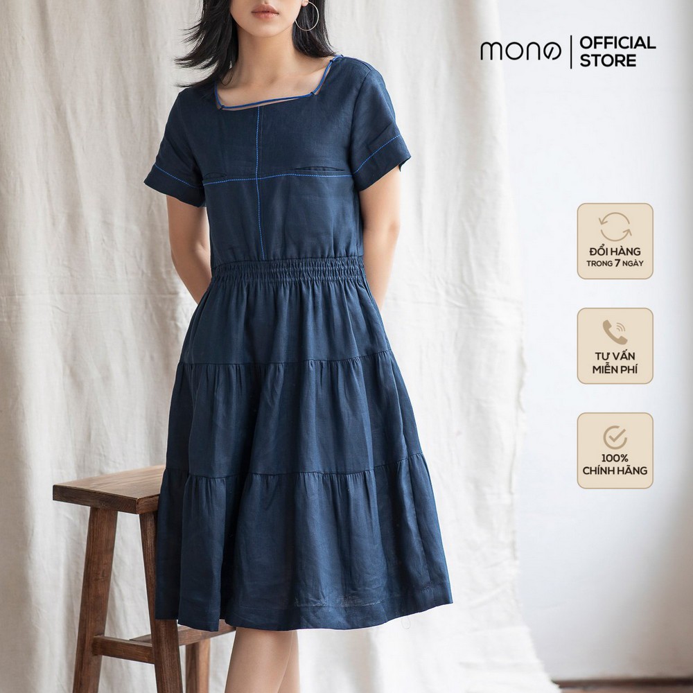 Váy kiểu nữ cổ vuông chun eo navy MONO