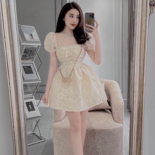 Váy gấm nhăn nơ ngực