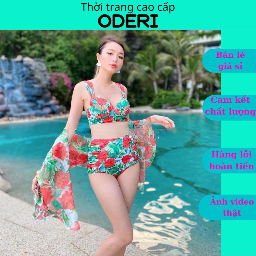 SET BIKIBI, ĐỒ BƠI ĐI BIỂN HOA ĐỎ KÈM KHĂN MẪU MỚI SEXY ODERI BM-212