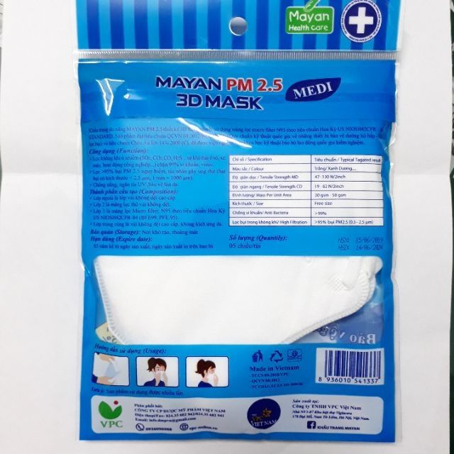 Khẩu Trang Mayan 3D Mask 5 Cái - khẩu trang y tế đa năng 4 lớp PM 2.5 màng lọc micro filter N95 lọc bụi mịn màu trắng