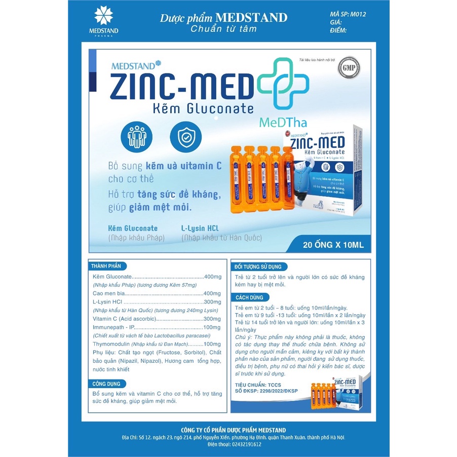Zinc-Med - Kẽm, Vitamin C, Lysine, Tăng Sức Đề Kháng, Giảm Mệt Mỏi