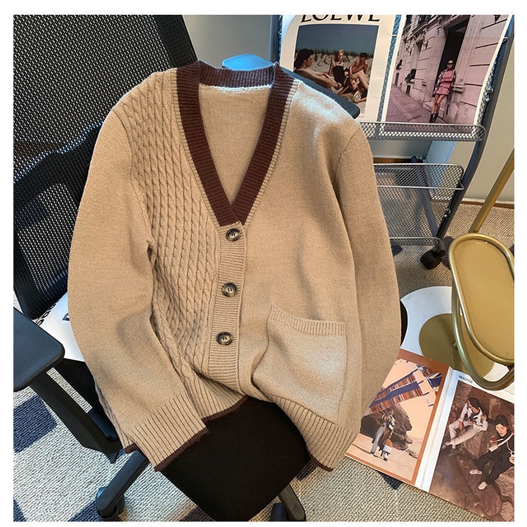 Áo Khoác cardigan Dệt Kim Cổ Chữ v Dáng Rộng Màu Sắc retro Dành Cho Nữ