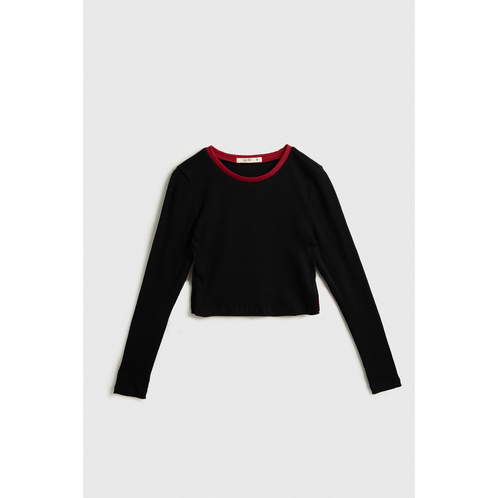 Áo croptop Maybi ôm thun gân cổ tròn tay dài