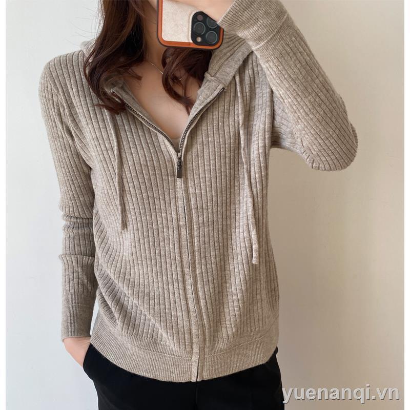 Áo khoác cardigan len dệt kim dáng rộng có nón phối khóa kéo thời trang thu đông mới 2021