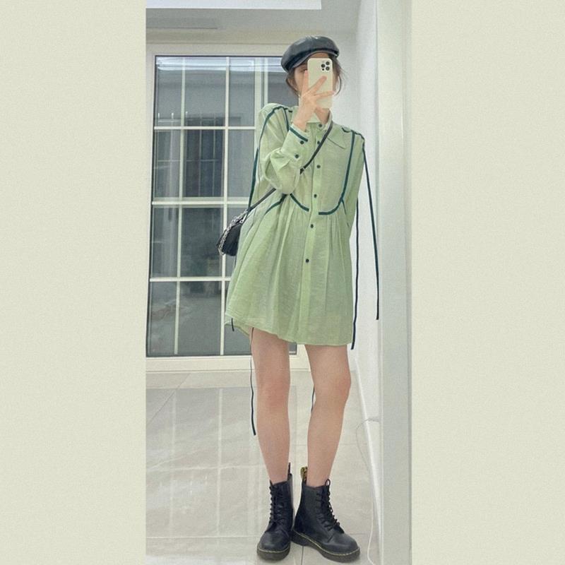 French Green Long Sleeve Dress