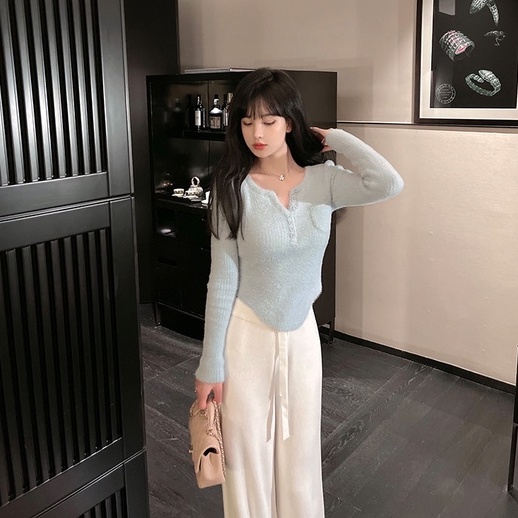 Áo kiểu ZHELIHANGFEI dệt kim tay dài thời trang dành cho nữ