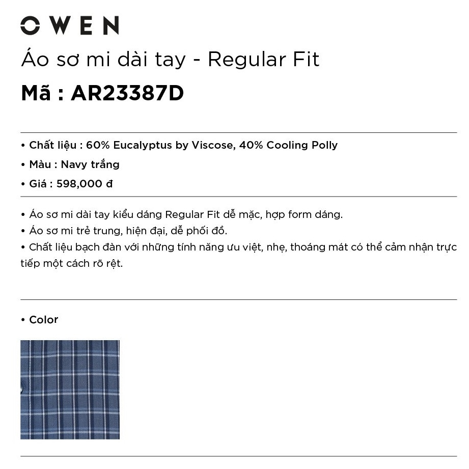 Áo Sơ Mi Nam Dài Tay Owen AR23387D Somi Công Sở Cao Cấp Màu Xanh Kẻ Caro Dáng Suông Không Túi Chất Sợi Bạch Đàn Mềm Mát
