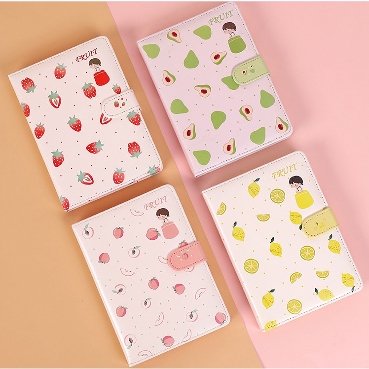 [Hàng mới về] Sổ tay bìa Da Pu khóa nam châm xinh xắn - Sổ mini hoạt hình Fruit dày dặn - Sổ tay da mịn Cao cấp