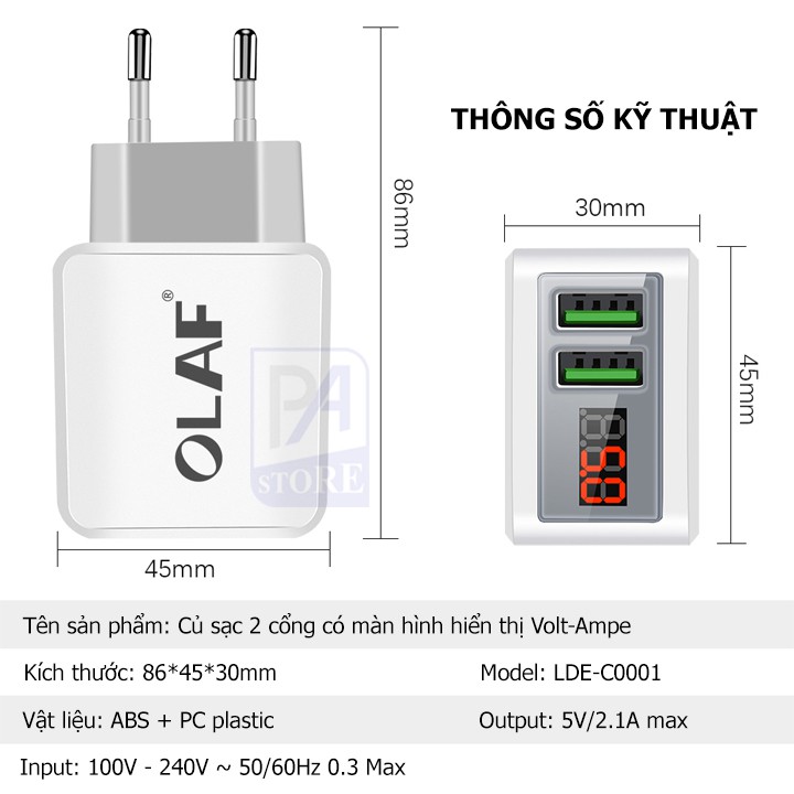 Củ Sạc Nhanh 2 Cổng Có Màn Hình Hiển Thị Volt-Ampe - Hàng Chính Hãng OLAF