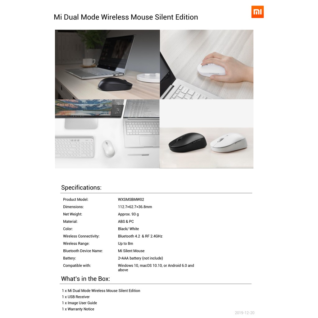 Chuột Không Dây Xiaomi MI Dual Mode Wireless Bluetooth 4.2 & RF 2.4GHz, Không tiếng ồn - BH 6 Tháng