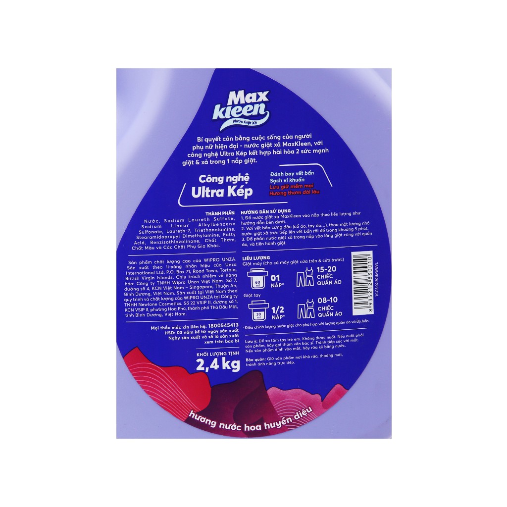 Nước giặt xả MaxKleen chai 2.4kg ( giao hương hoa nắng hoặc huyền diệu)