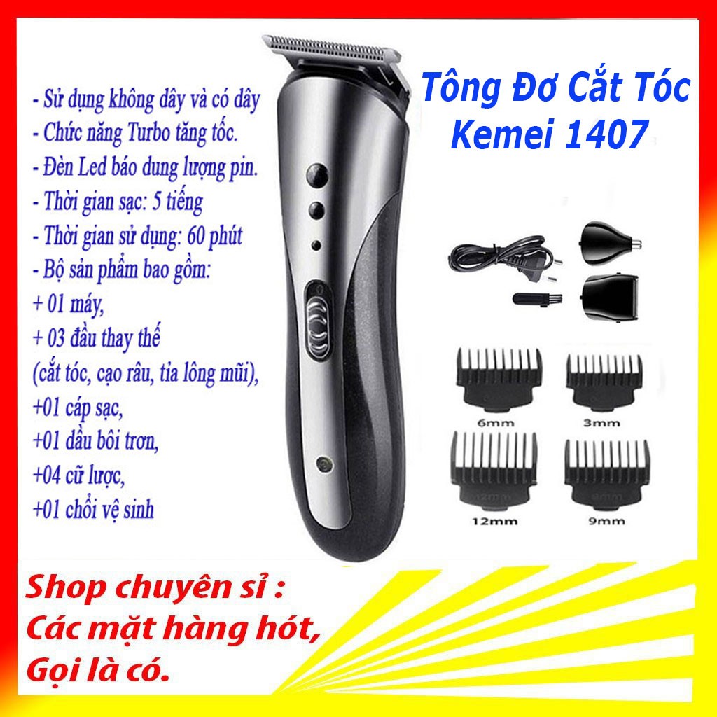 Tăng đơ _ Tông đơ cắt tóc kiêm cạo râu, tỉa lông mũi 3 trong 1 chính hãng Kemei 1407