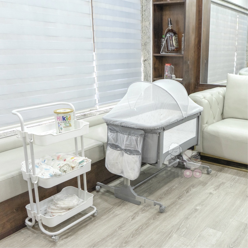 Cũi Vải Cho Bé Chân Cao Umoo UM-08109 Chính Hãng, Nôi Đa Năng Có Thể Hạ Thành Ghép Với Giường Bố Mẹ