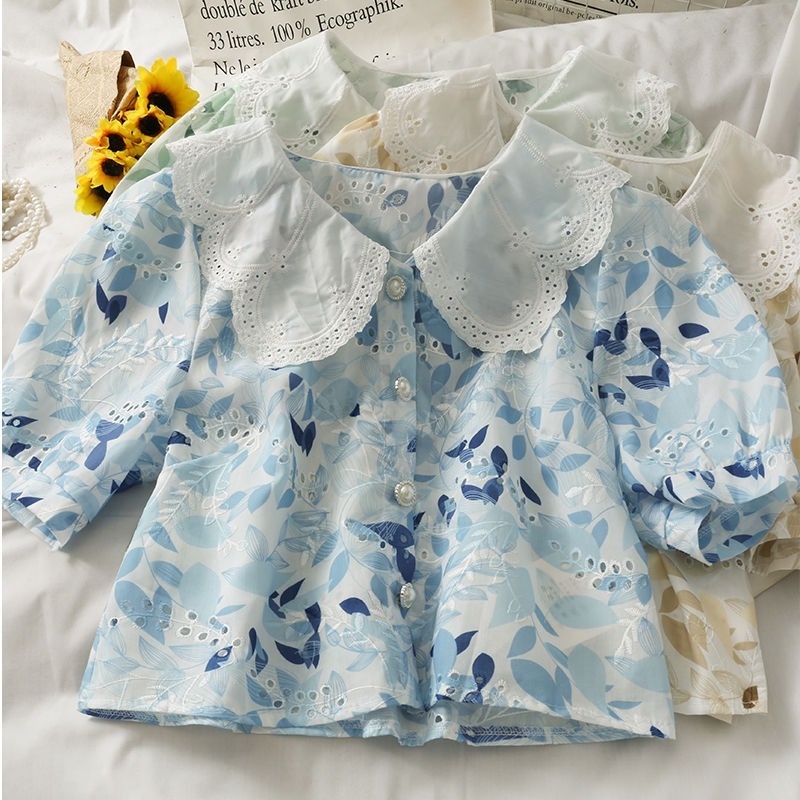 Áo Sơ Mi Cổ Búp Bê Khoét Lỗ Họa Tiết Hoa Phối Màu Sắc Tương Phản Thời Trang Mùa Hè Cho Nữ