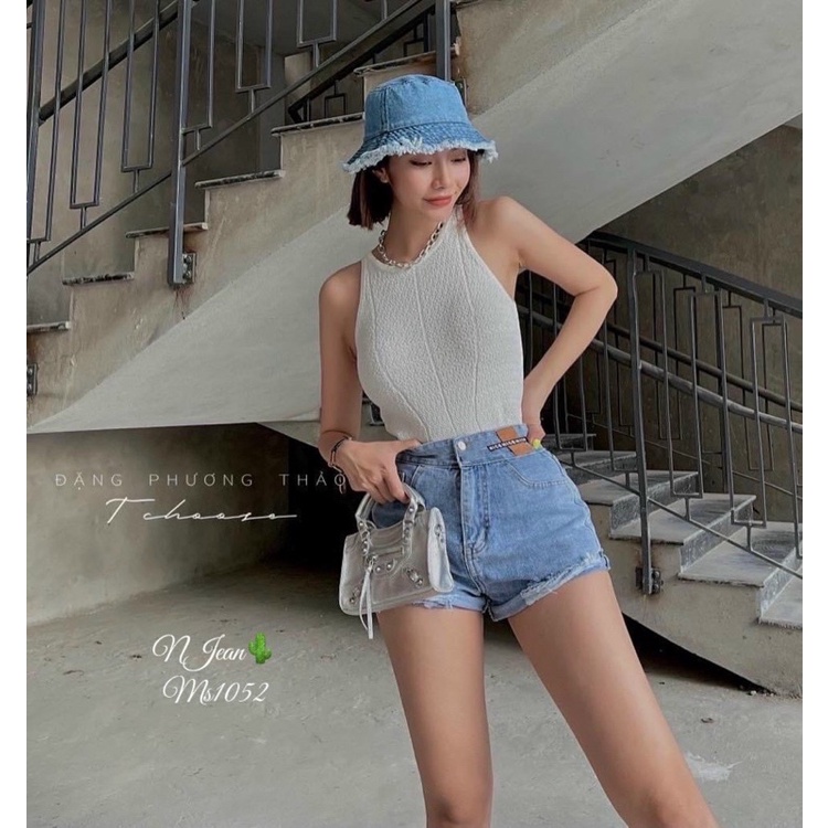 Quần Sọt Jean Nữ, Quần Ngắn Nữ Lưng Cao Mix Logo Phong Cách Ulzzang