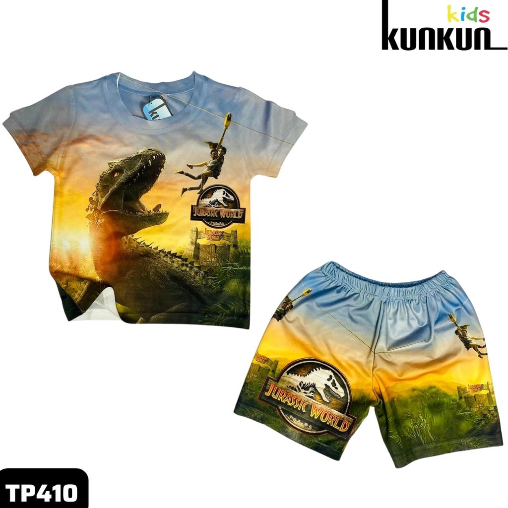 Quần áo bé trai chất thun lạnh Kunkun Kid TP410 in hình khủng long jurassic world size đại từ 10-60kg