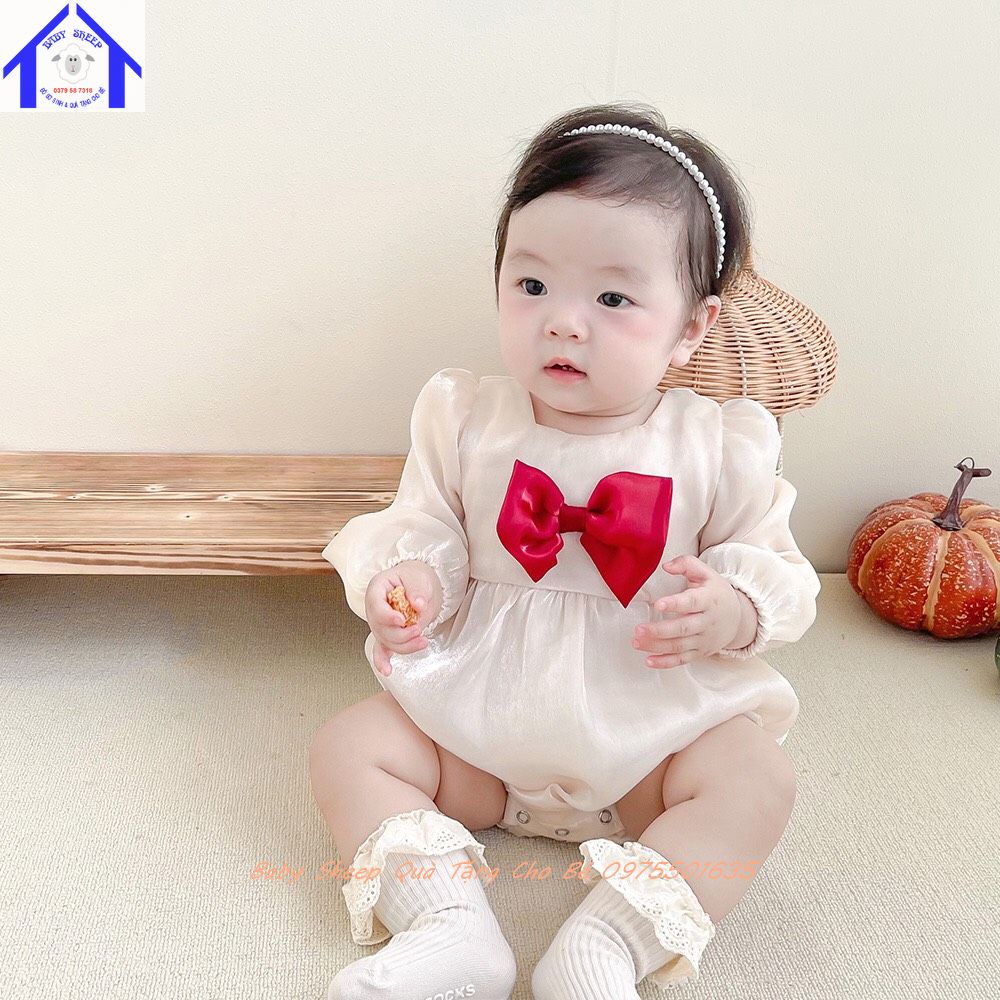 Bộ body voan tơ màu đỏ phối nơ ngực cho bé gái diện Tết, thôi nôi, đầy tháng -hàng cao cấp Baby Sheep