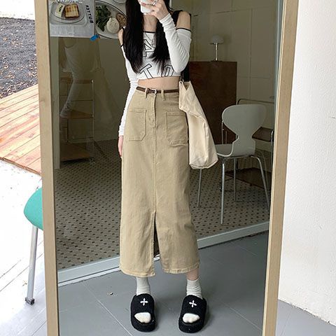 Jiashucheng Chân Váy Denim Chữ a Lưng Cao Dáng Ôm Xẻ Tà Phong Cách Retro Mùa Thu Mới Cho Nữ