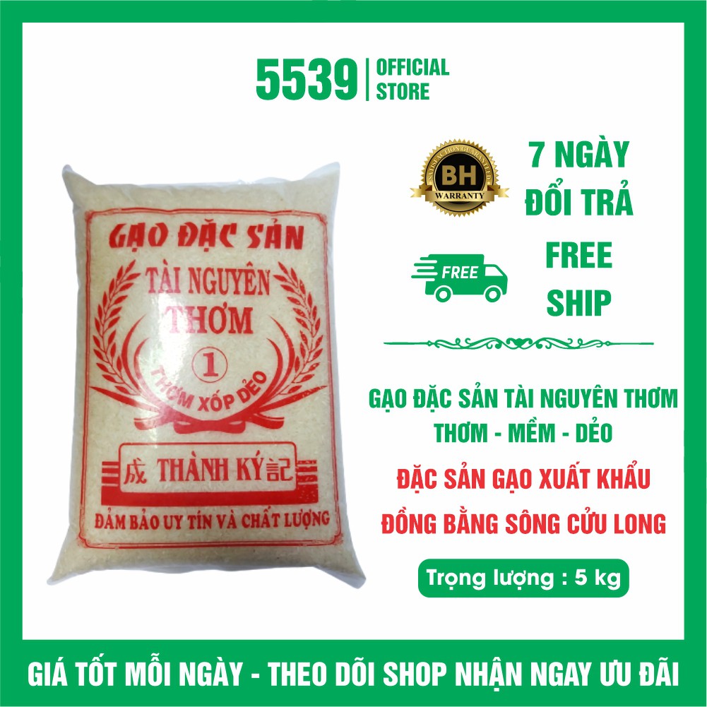 Gạo đặc sản Tài Nguyên Thơm ⚡️ FREESHIP ⚡️ Gạo đặc sản Tài Nguyên Thơm Gói 5 kg Thơm Xốp Dẻo - Shop 5539