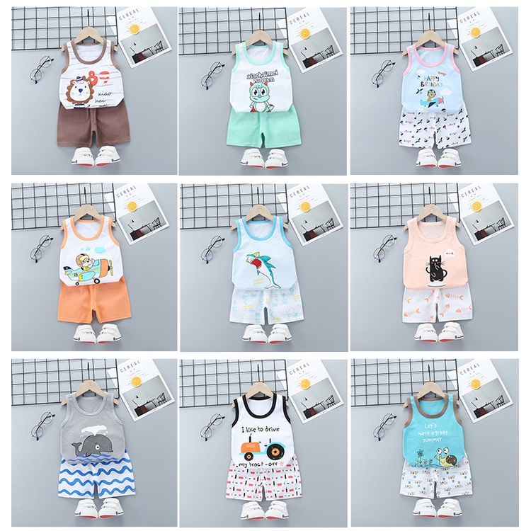 Set Đồ 2 Món Gồm Áo Thun Sát Nách In Họa Tiết Hoạt Hình + Quần Dễ Thương Cho Bé 0-4 Tuổi