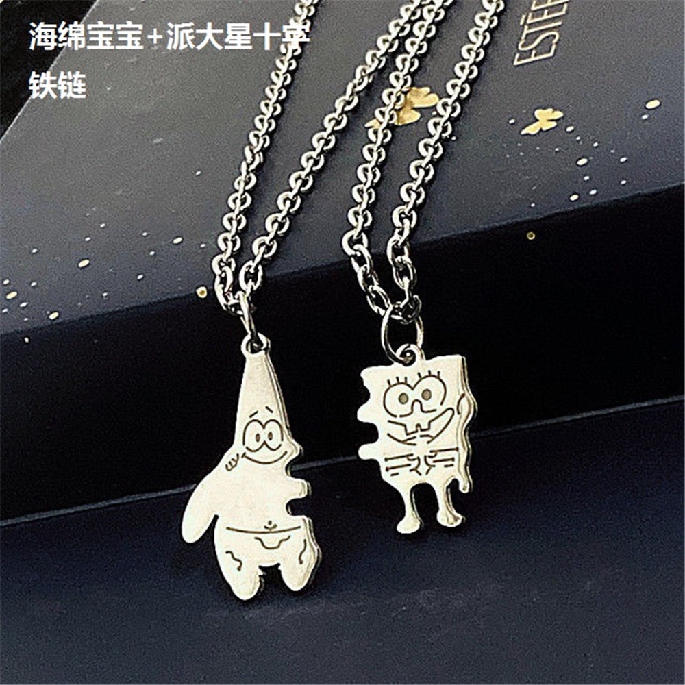 2PCS/Set Fashion Cute Silver Chain SpongeBob Cartoon Pendant Women Men Hip-hop Necklaces Jewelry