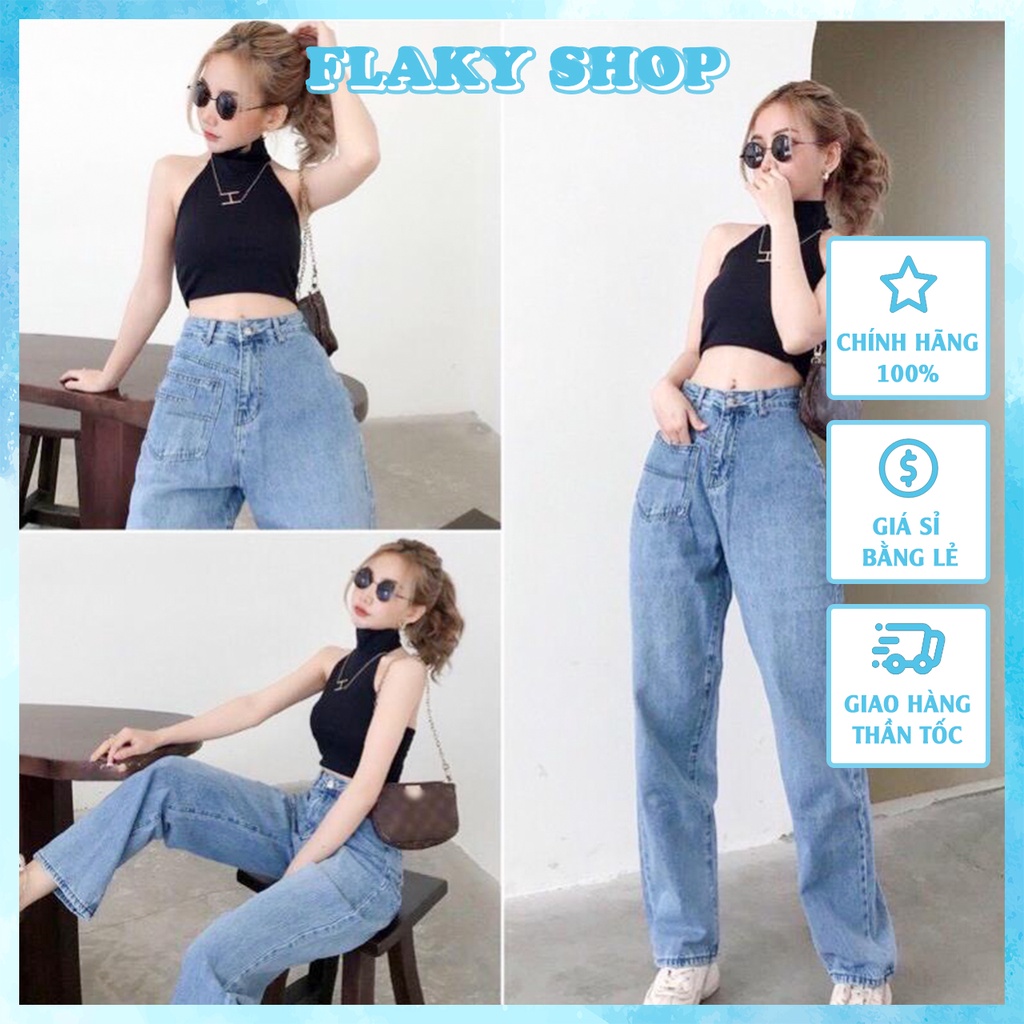 Quần jean nữ FLAKY SHOP cao cấp - Quần jean ống rộng phối túi trước bắt mắt hot trend 2022