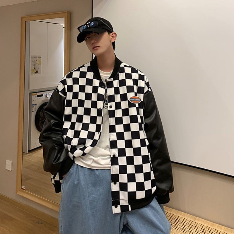 Áo khoác bomber làm từ da họa tiết ca rô thời trang cá tính trẻ trung cho nam và nữ