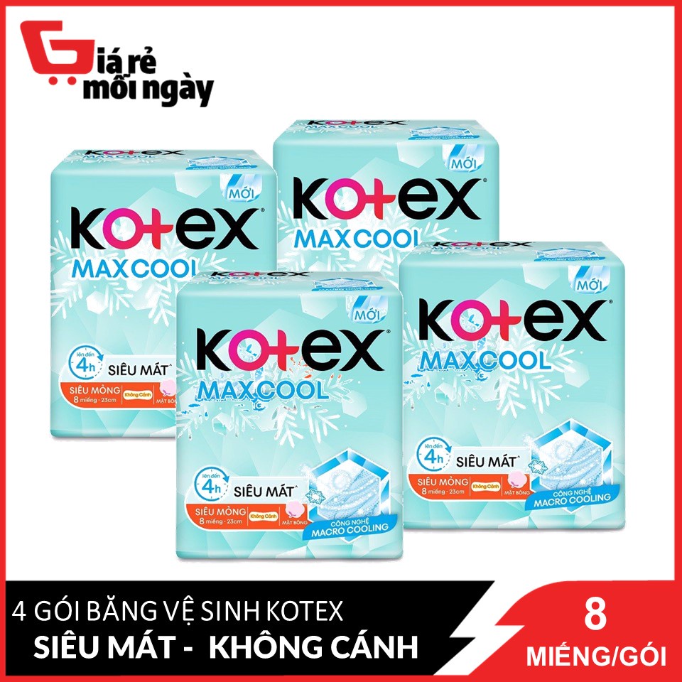 Combo 4 Băng Vệ Sinh Siêu Mỏng Không Cánh 23cm 8 Miếng Kotex MaxCool Mặt Bông Mềm Mại